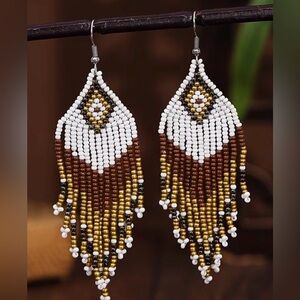 Beaded Fringe Drop Earrings - White, Brown & Gold